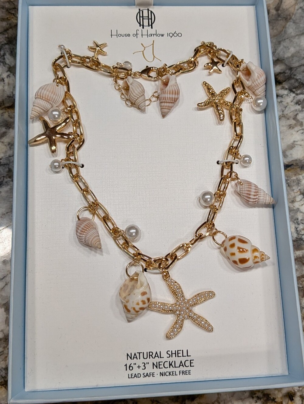 House of Harlow 1960 Gold Shell & Pearl Charm Necklace, NWT